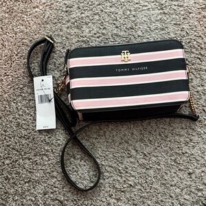 Tommy Hilfiger Black and Pink Striped Crossbody Bag